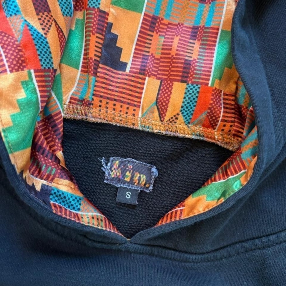 faded black pullover hoodie with embroidered "Kin" satin lining - Picture 4 of 8